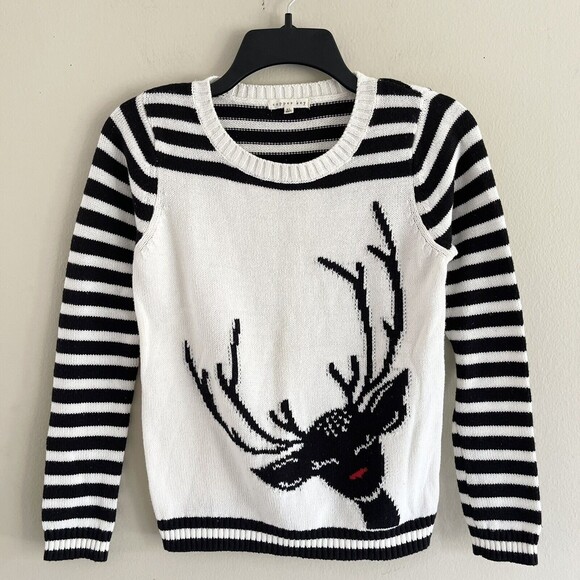 Copper Key Sweater Top Girls Size XL Deer Graphic Print Striped Black White - Picture 1 of 8